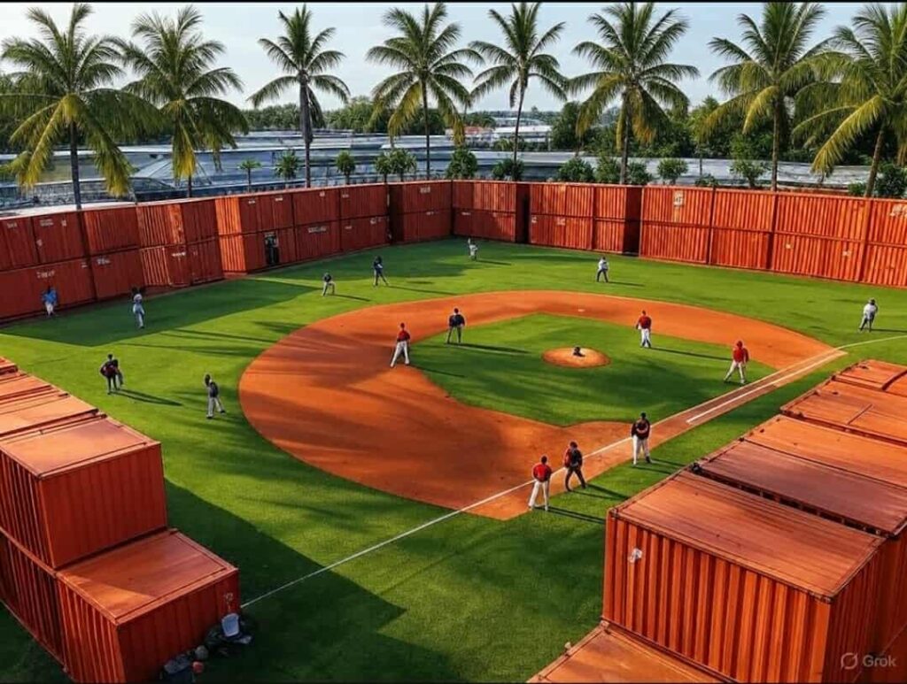 North Tampa wiffleball field of dreams concept with containers and turf.